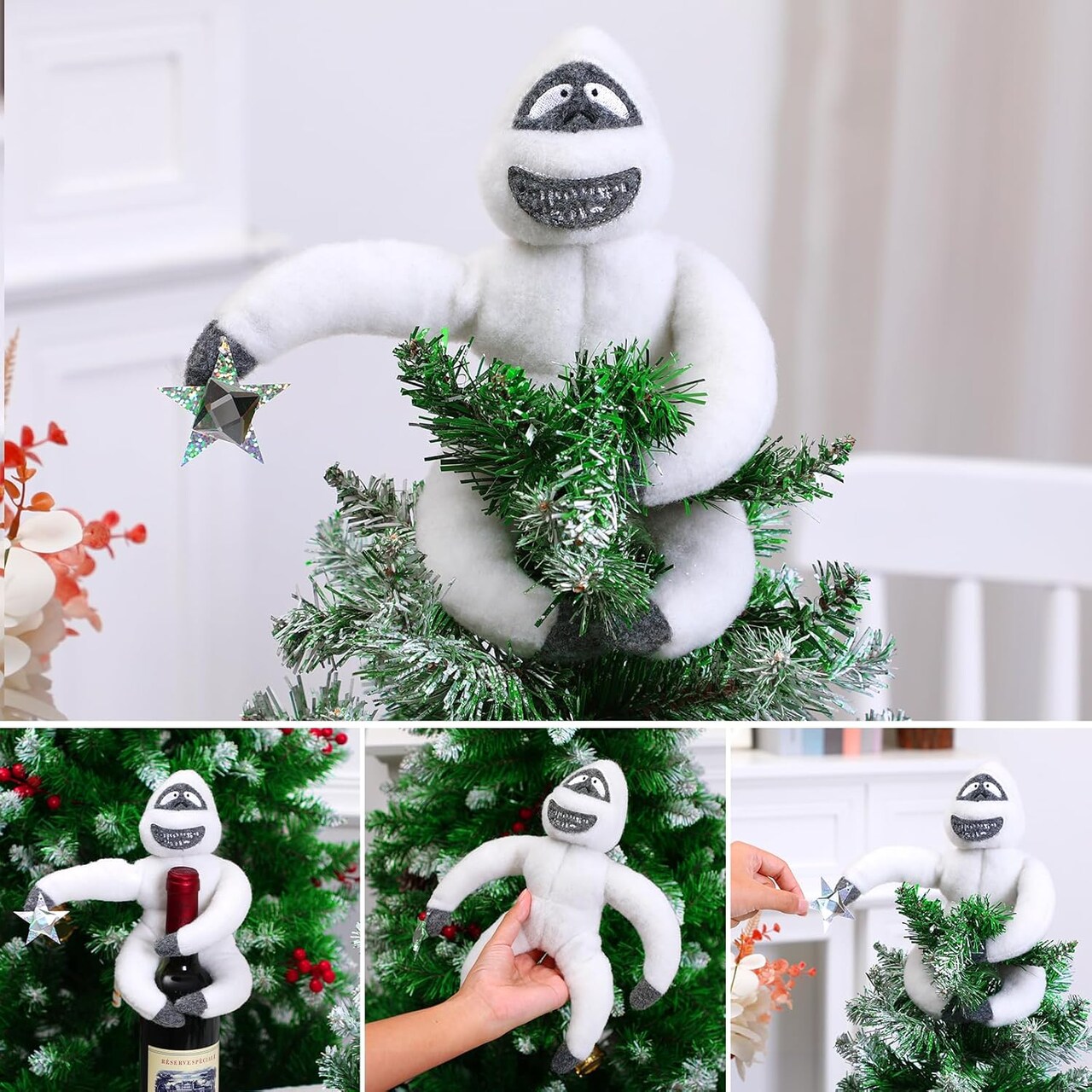 Monster Ornament, Poseable Handmade Abominable Chimpanzees Hugger with Star, Can be Hung Snowman Tree Topper Xmas Decorations (White)